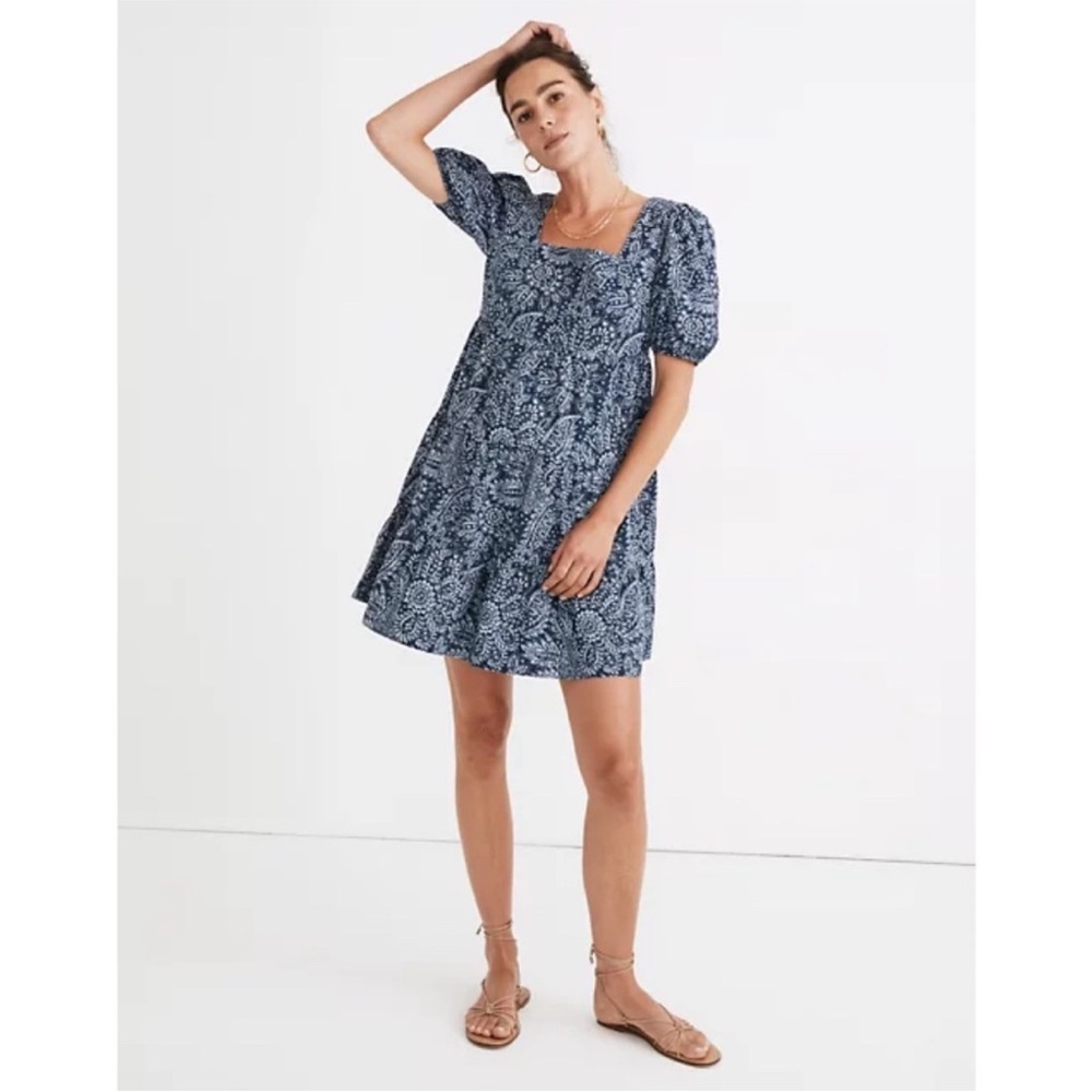 Madewell Blue Poplin Puff Sleeve Babydoll Mini Dress Square Neck Size 10